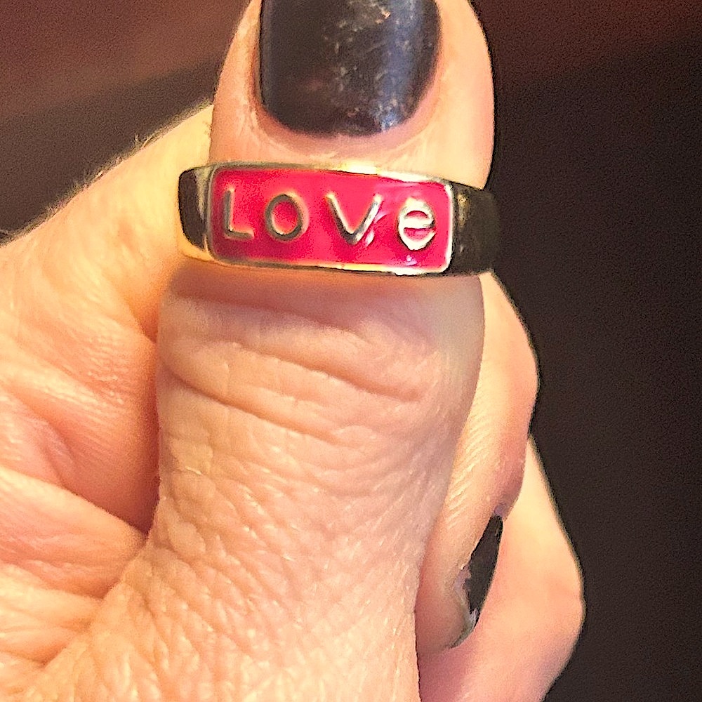 Designer inspired LOVE ring- adjustable- gold plated with pink!